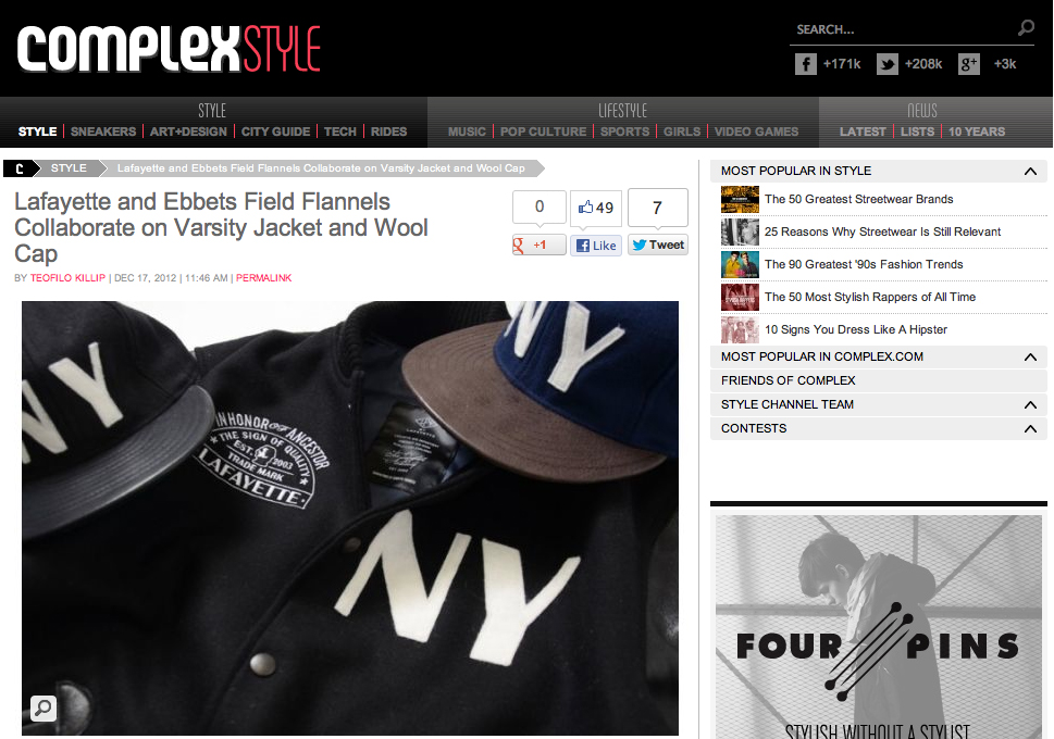 Posted “Lafayette and Ebbets Field Flannels Collaborate on Varsity Jacket and Wool Cap” on Complex